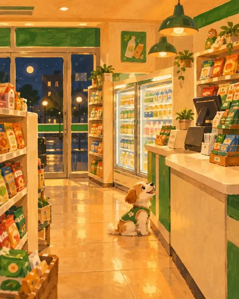 便利店夜班小狗守在收银台旁的手绘封面