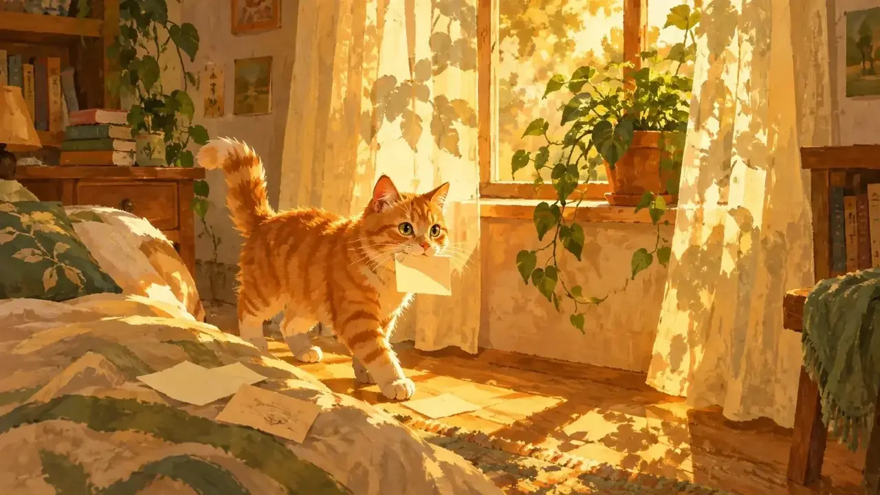 猫偷走了我的心情 剧集场景插画 橘子猫睡在纸团上的横版插画剧照