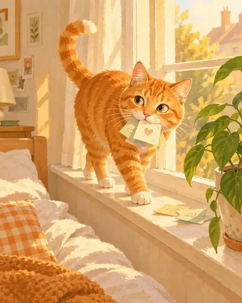橘猫嘴里叼着小纸团蹲在窗台的手绘封面